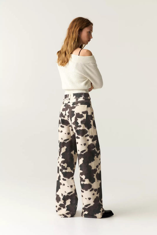 Vintage Cow Print Casual Jeans