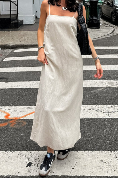 | Khaki Linen Cotton Loose Maxi Dress