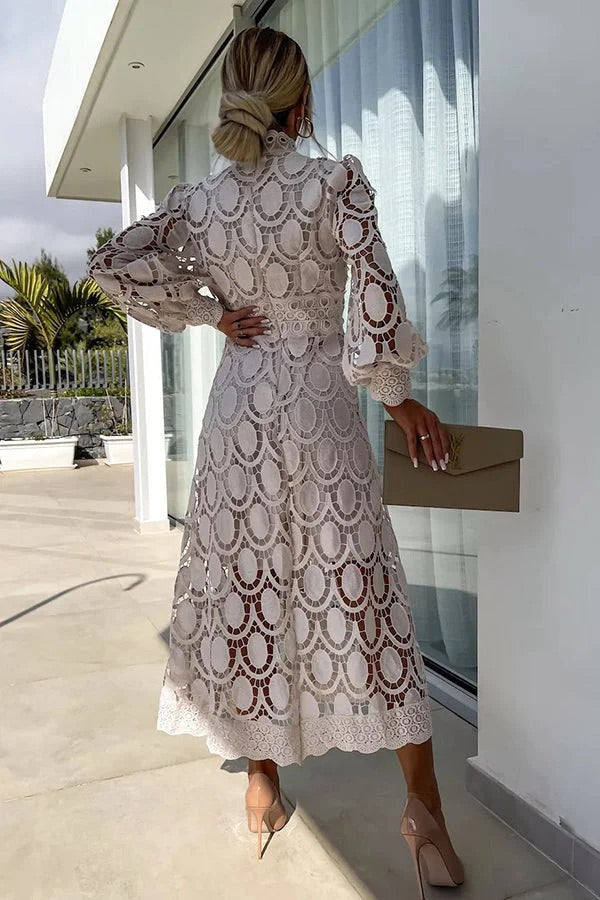 Guipure Lace Mock Neck Lantern Sleeve Scalloped Hem Hollow Out Midi Dress