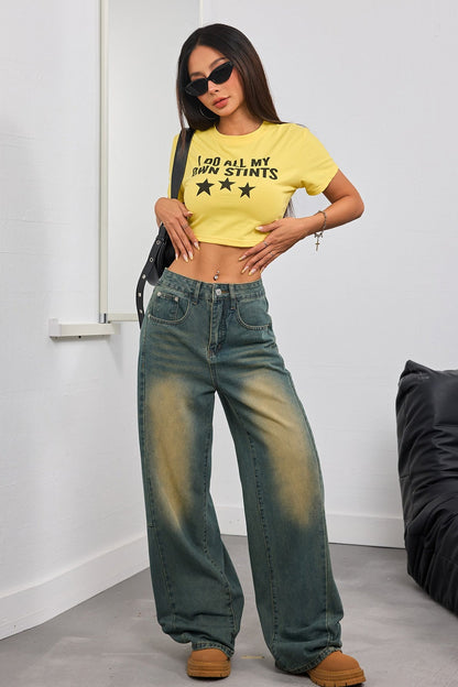 Embroidered Washed Retro Wide-Leg Jeans