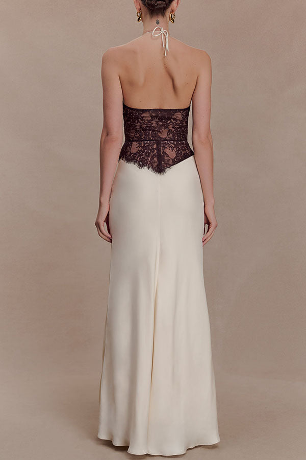 Timeless Silhouette Lace and Satin Halter Backless Drape Maxi Dresset