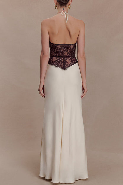 Timeless Silhouette Lace and Satin Halter Backless Drape Maxi Dresset