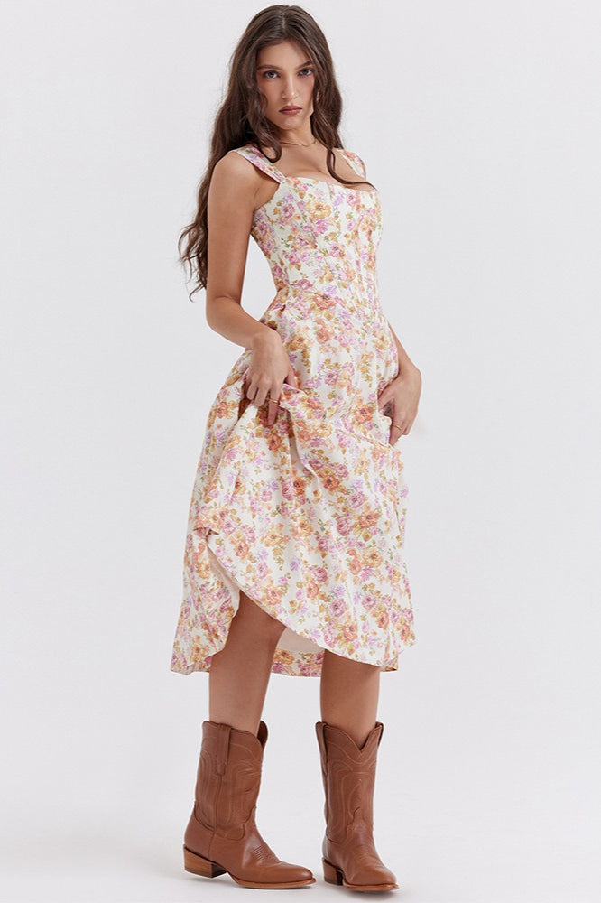 Thick Strap Sweetheart Corset Bodice Ditsy Floral Print A-Line Midi Dress