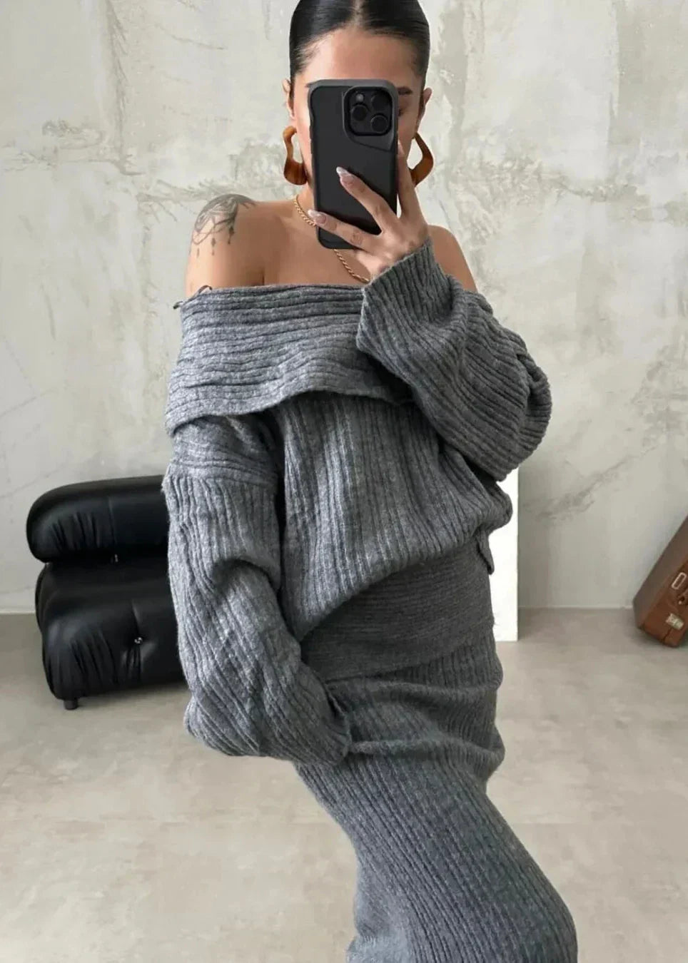 Luxe Comfort - Off-Shoulder Knit Two-Piece Set