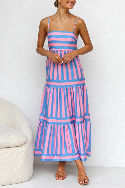 Spaghetti Strap Ruffle Tiered Color Block Striped Maxi Dress