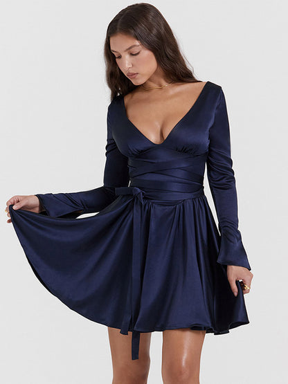 Flared Dress V-neck Long Sleeves Belted Lace Up Party Mini Dresses