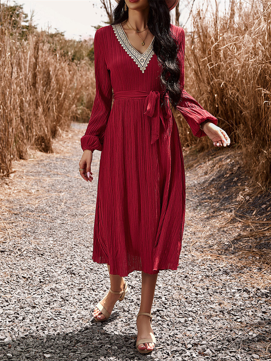 Bohemian Dress V-Neck Lantern Sleeves Belted Midi Dresses