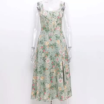 Corset Dress Floral Wide Strap Backless Lace Up Slit Sexy Party Midi Dresses