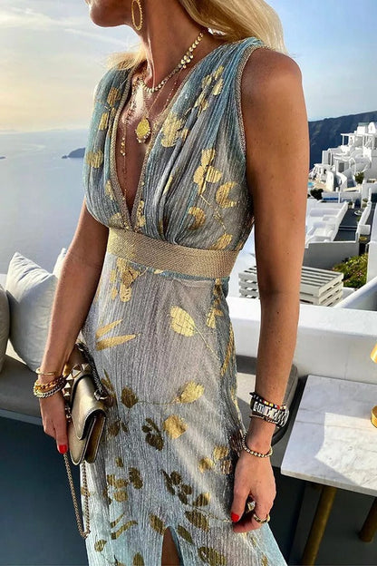 Distressed Metallic Foil Print Deep V-Neck Empire Waist Sleeveless Maxi Dress