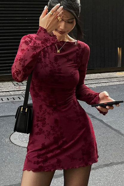 Boat Neck Long Sleeve Floral Burnout Velvet Bodycon Mini Dress