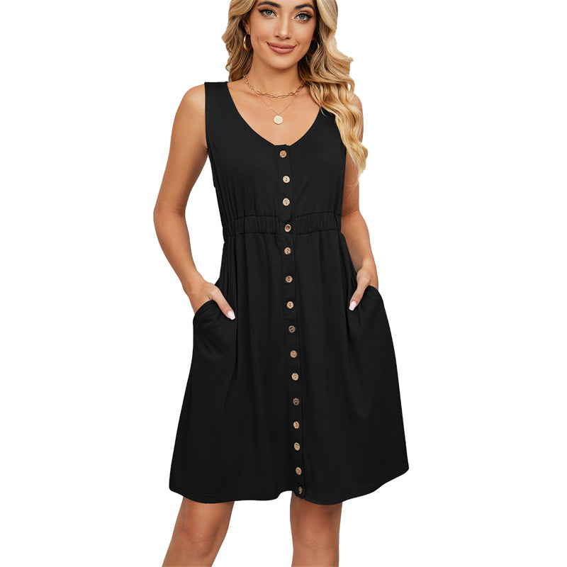 Solid Color Sleeveless Mini Dress with Button Details