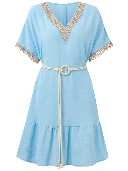 Short Sleeves Belted Split-Joint V-neck Mini Dresses
