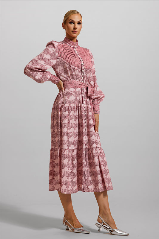 Geometric Patterns Lantern Sleeve Midi Dress With Belt