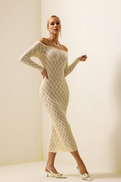 Knit Solid Off-Shoulder Long Sleeve Midi Dress