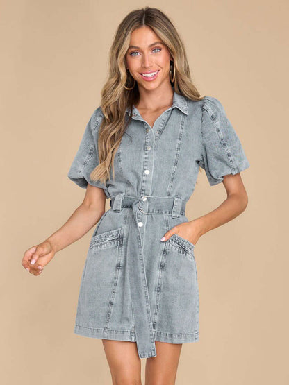 Summer Mini Dresses Light Sky Blue Turndown Collar Sash Denim Beach Dress