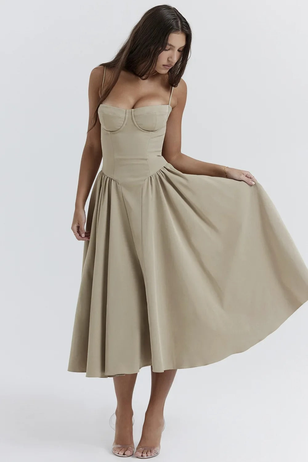 Corset Bustier Spaghetti Strap Basque Waist Pleated Midi Dress