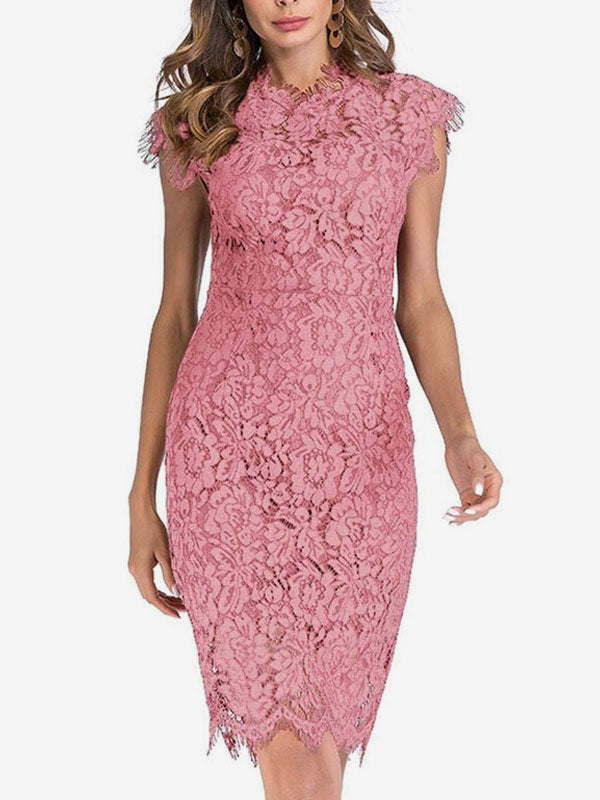 Birthday Bodycon Dresses Pink Sleeveless Designed Neckline Midi Dress Sheath Dress Casual Pencil Dress