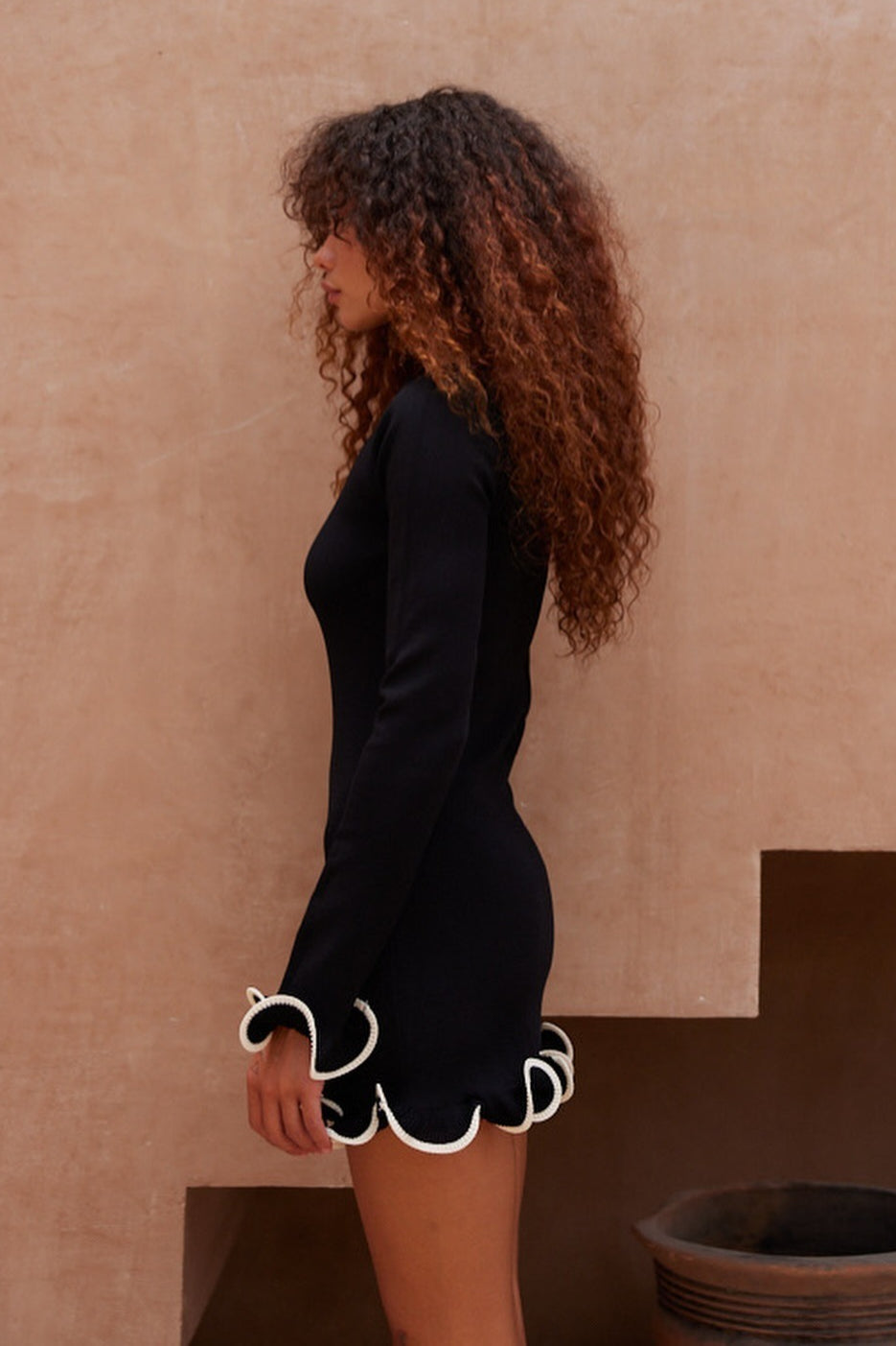 Ribbed Knit Boat Neck Wave Ruffle Trim Cuff Hem Long Sleeve Mini Dress