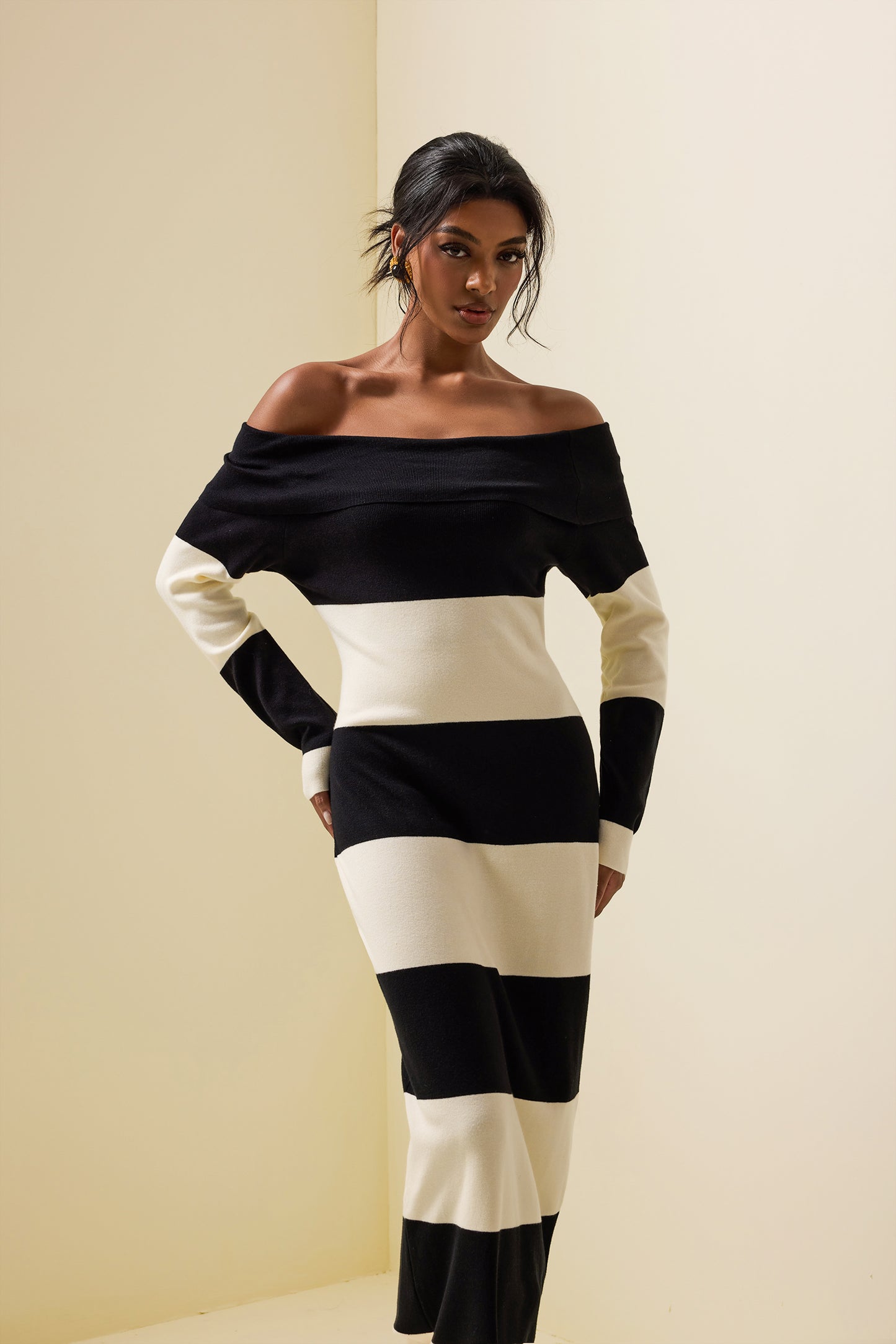 Jersey Stripe Off-Shoulder Midi Dress