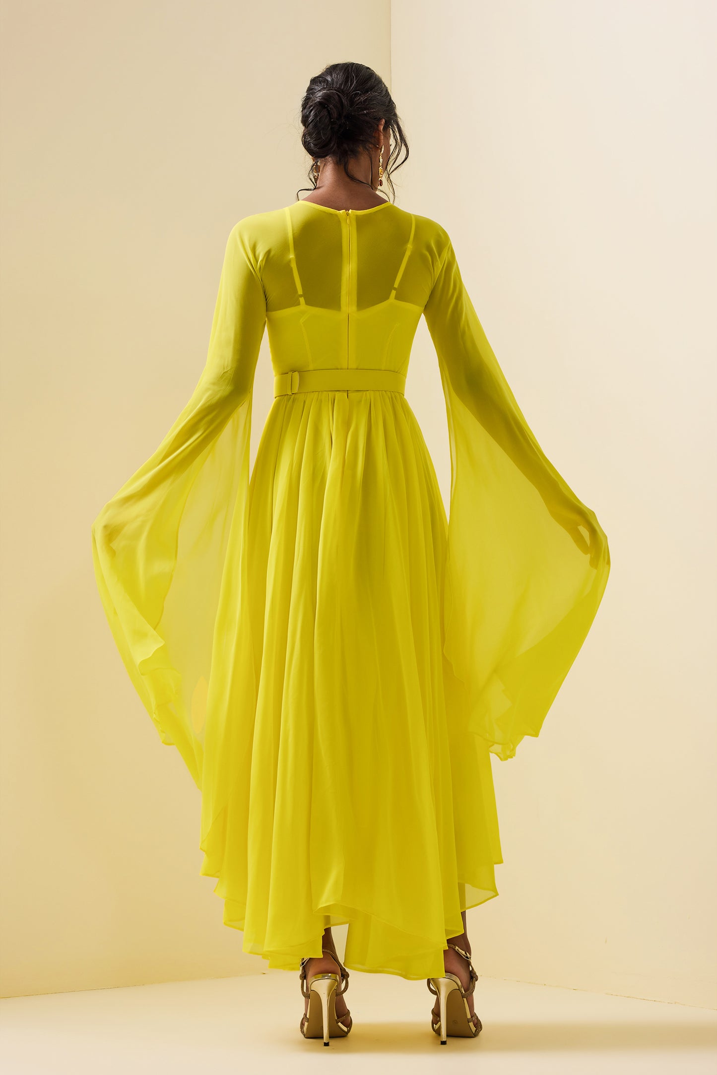 Mesh Solid Cape Sleeve Midi Dress With Belt