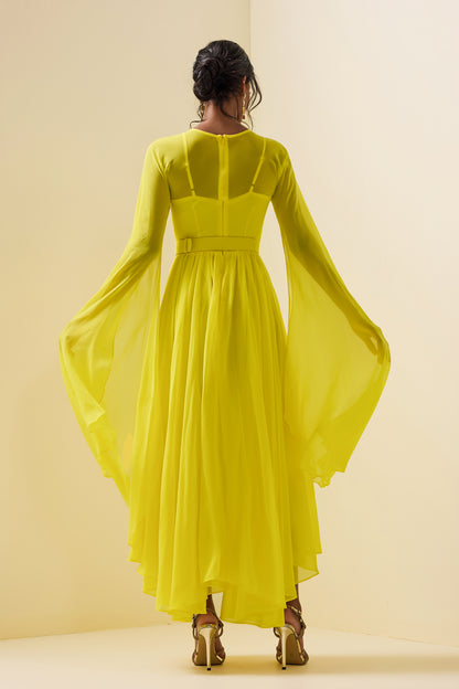 Mesh Solid Cape Sleeve Midi Dress With Belt