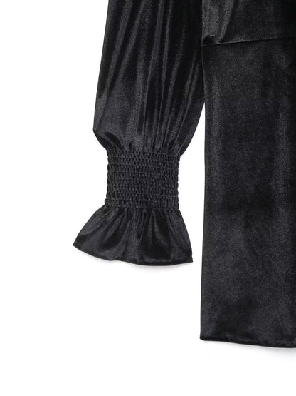 Fall Women Clothing Black Dress French Court Puff Sleeve Velvet Mini Dress