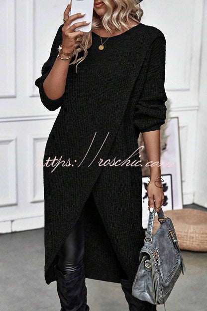 Essence Solid Wrap Hem Knitted Long Sleeve Midi Sweater