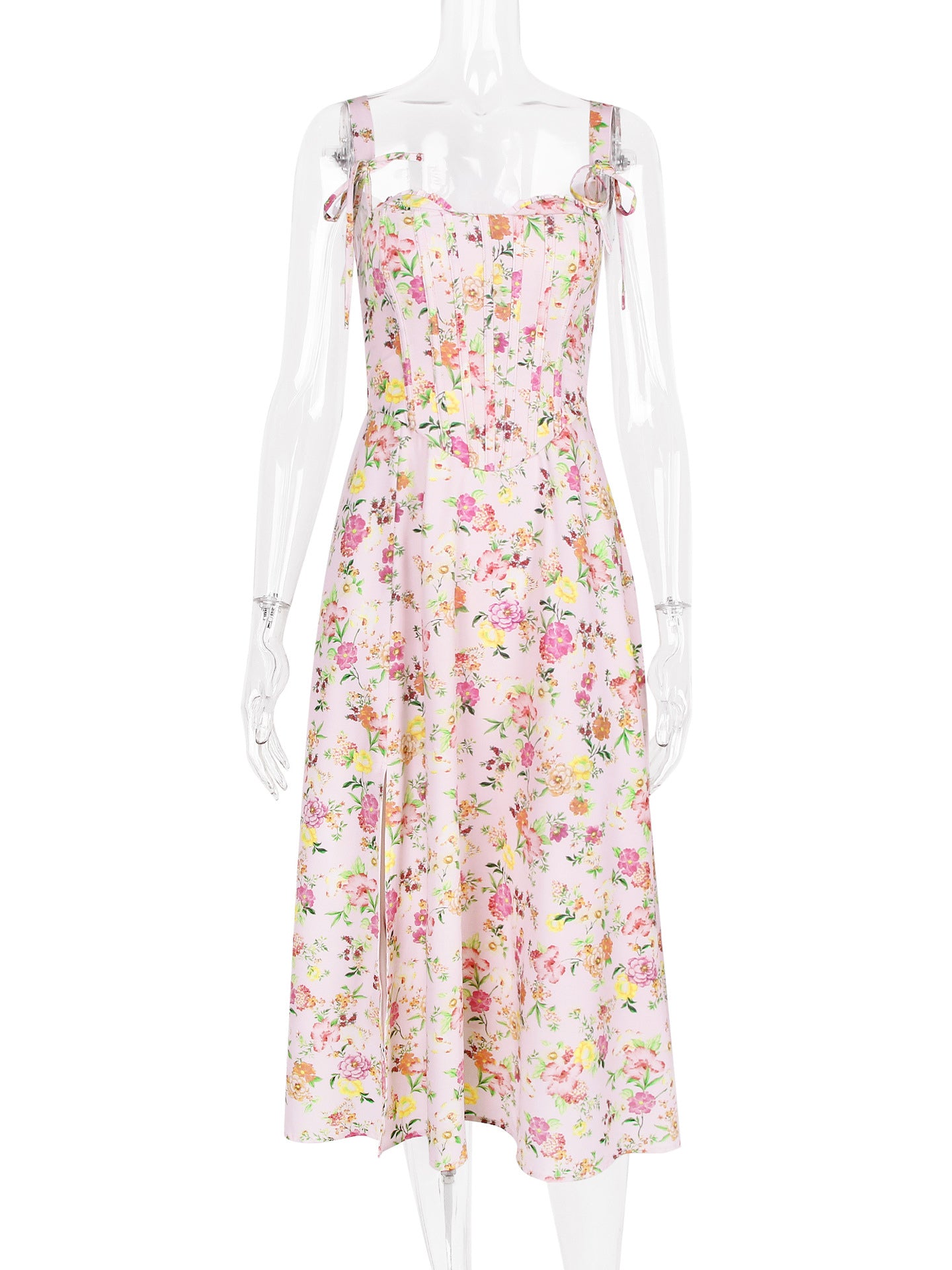 Floral Dress Midi Dress Floral Print Sleeveless Straps Neck Chic Adjustable Straps Lace Up Long Fall