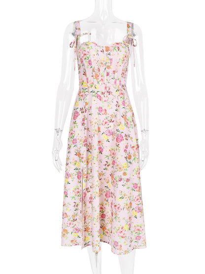 Floral Dress Midi Dress Floral Print Sleeveless Straps Neck Chic Adjustable Straps Lace Up Long Fall