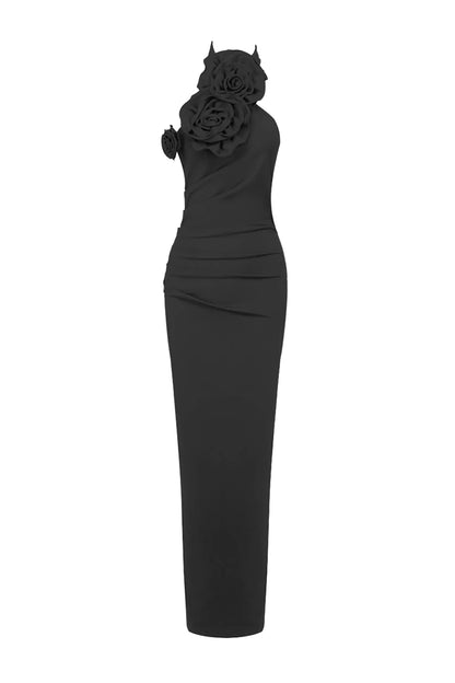 Aylin Black Floral Ruched Halter Maxi Dress