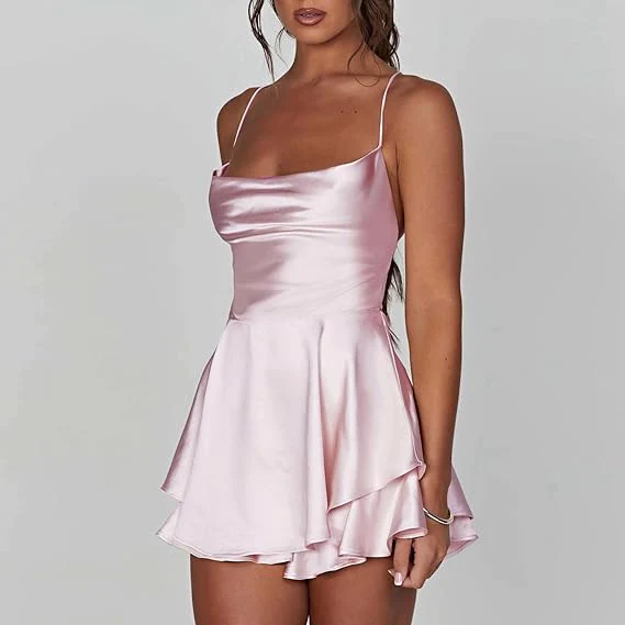 Satin Spaghetti Strap Square Neck Tiered Ruffle Skater Mini Dress