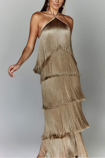 Margovil Chicest Halter Ruffle Layered Fringe Maxi Party Dress