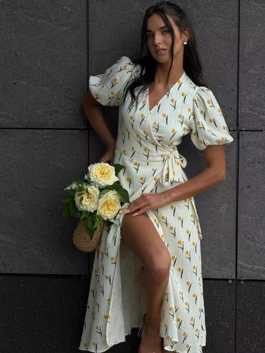 Pure Cotton Bandage Wrap-up Puff Sleeve Printed Comfort Maxi Dresses
