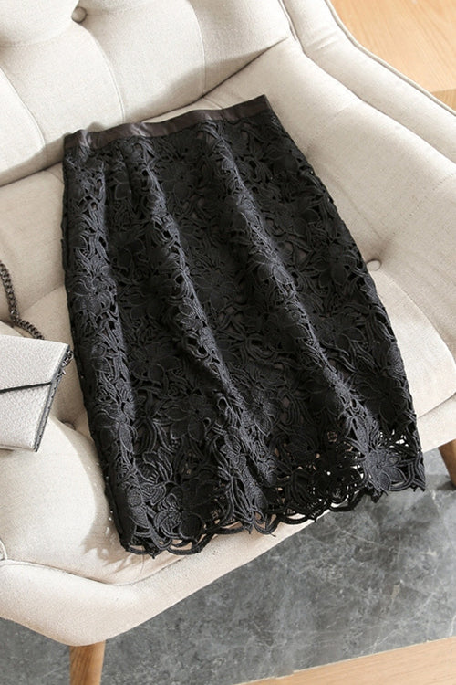 Margovil High Rise Lace Hollow Out Midi Skirt