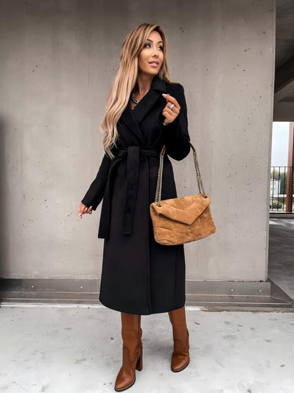 Solid Color Lapel Long Sleeve Woolen Simple Tie Coats