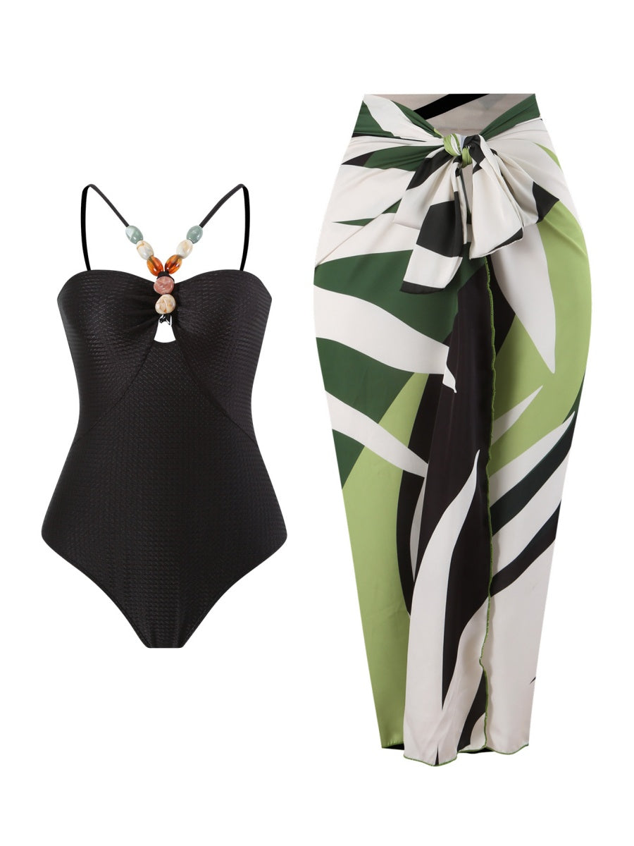 One-piece Swimsuit With Multi-colored Hollowed-out Gemstone Halter Straps, French Style.