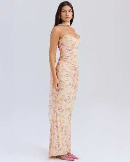Strapless Corset Ruched Garden Floral Print Choker Neck Maxi Dress