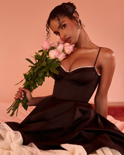 Sweetheart Spaghetti Strap Lace Trim Corset Bodice Fit and Flare Midi Dress