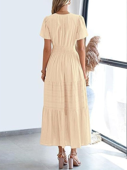 V-neck, Gathered, Puff Sleeve, Full Skirt, Short-sleeved Long Dress