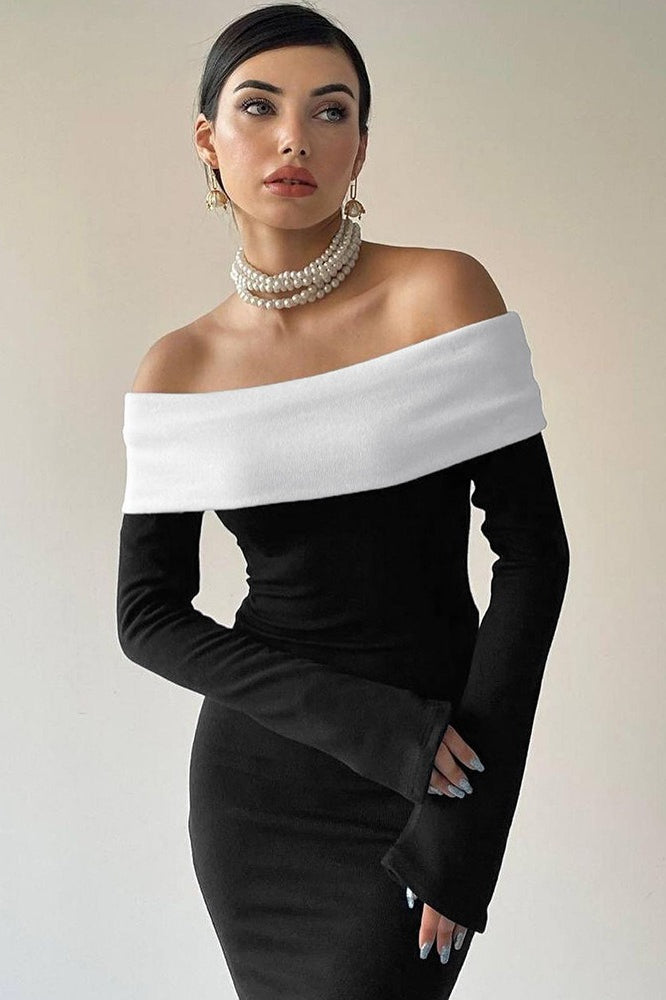 | Colorblock Off Shoulder Maxi Dress