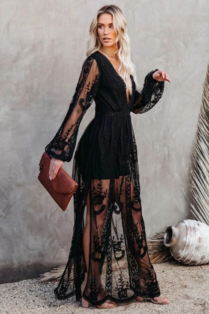 Embroidered Sheer Overlay Plunge V-Neck Bishop Sleeve Slit Maxi Dress