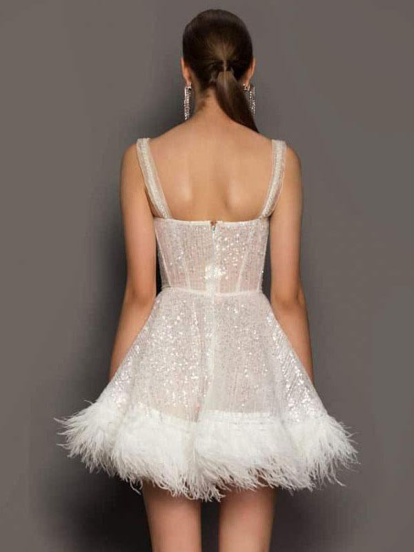 Party Dresses Ecru White Straps Neck Sequins Sleeveless Sheer Mini Dress