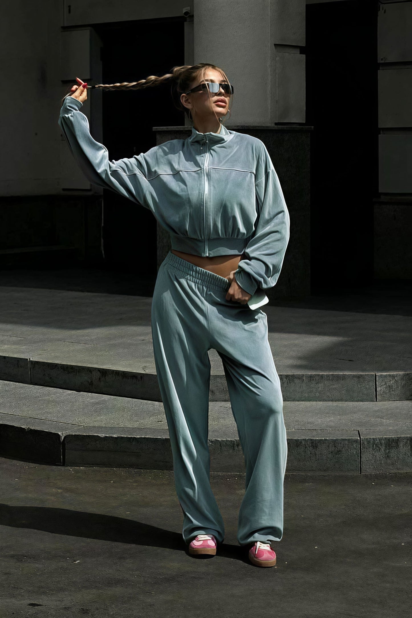 | Velvet Collar Zipper Long Sleeve Two Piece Set