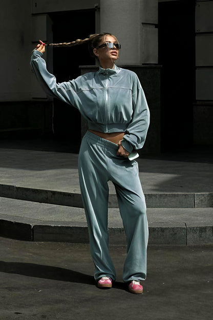 | Velvet Collar Zipper Long Sleeve Two Piece Set