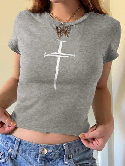 Cross Print Slim Short Sleeve Tee