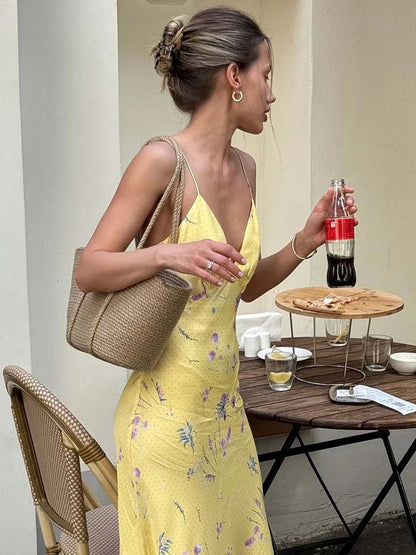 Yellow Print Open Back Spaghetti Summer Dress