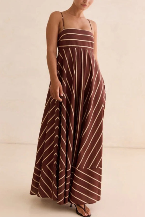 Striped Print Square Neck Spaghetti Strap High Waist Casual Maxi Dress