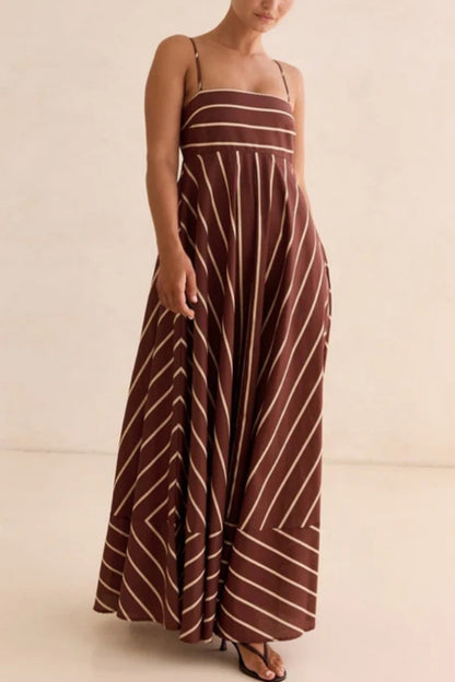 Striped Print Square Neck Spaghetti Strap High Waist Casual Maxi Dress
