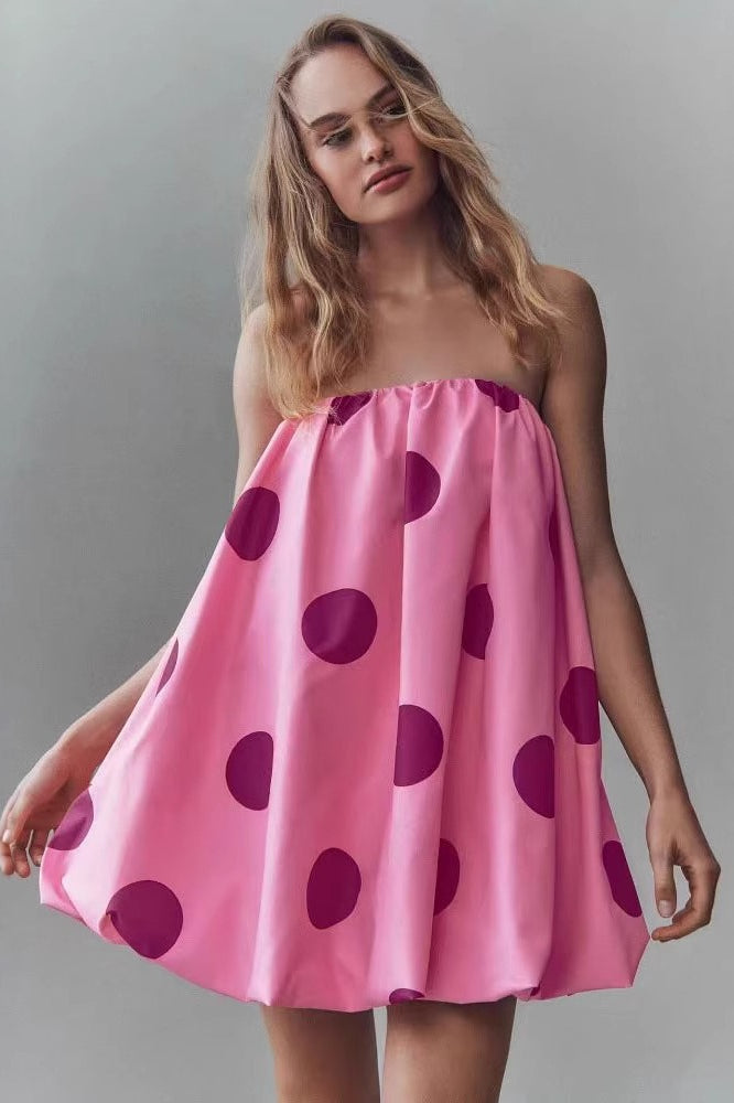 Polka Dot Strapless Gathered Bubble Hem Tent Mini Dress