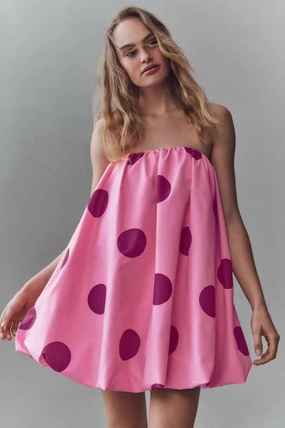 Polka Dot Strapless Gathered Bubble Hem Tent Mini Dress